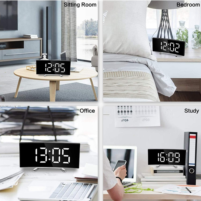 Digital Alarm Clock with Curved LED Mirror Display & Crescendo Alarm