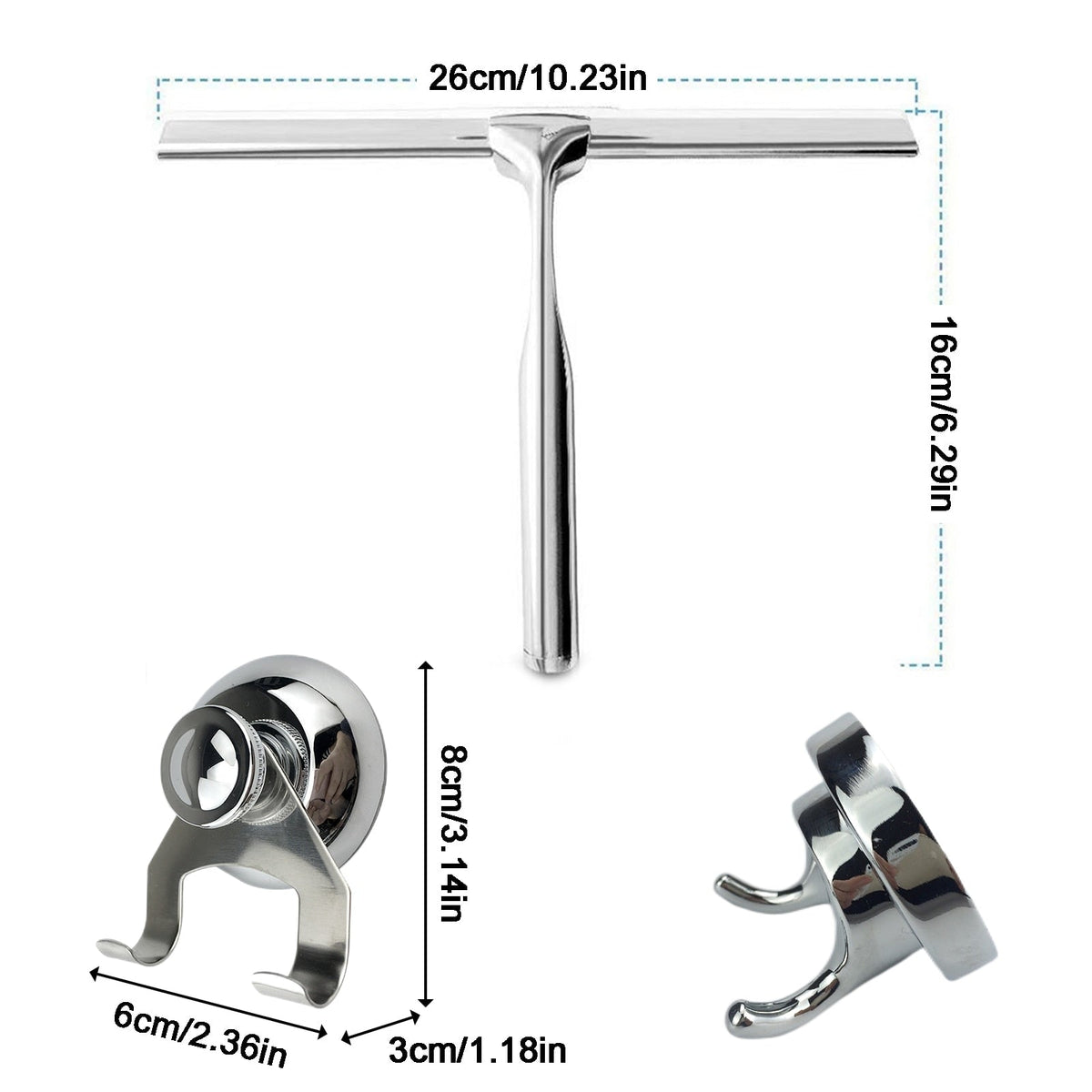 Stainless Steel Shower Squeegee with Suction Hook for Streak-Free Glass