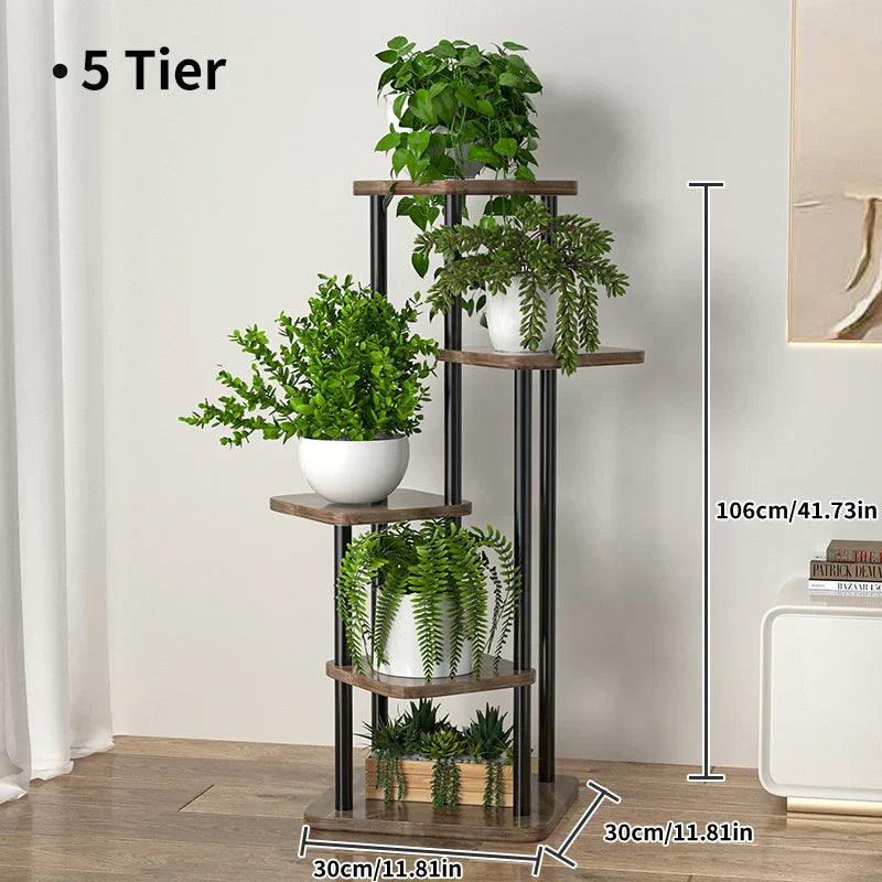 5-Tier Metal and Wood Plant Stand – Space-Saving Vertical Shelf for Indoor &