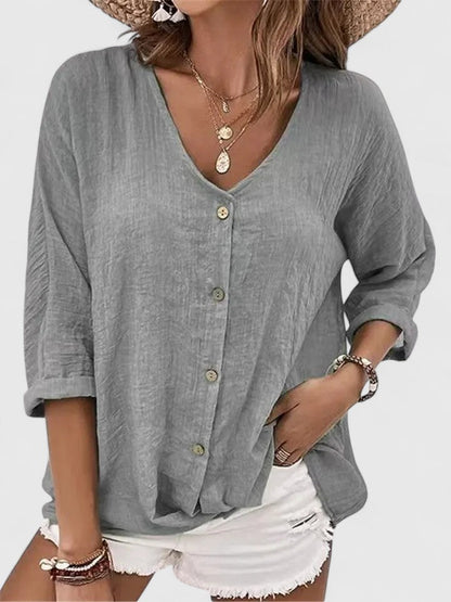 Relaxed Button-Front V-Neck Shirt