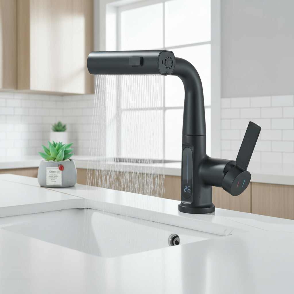 Digital basin faucet with temperature display – modern and drip-free
