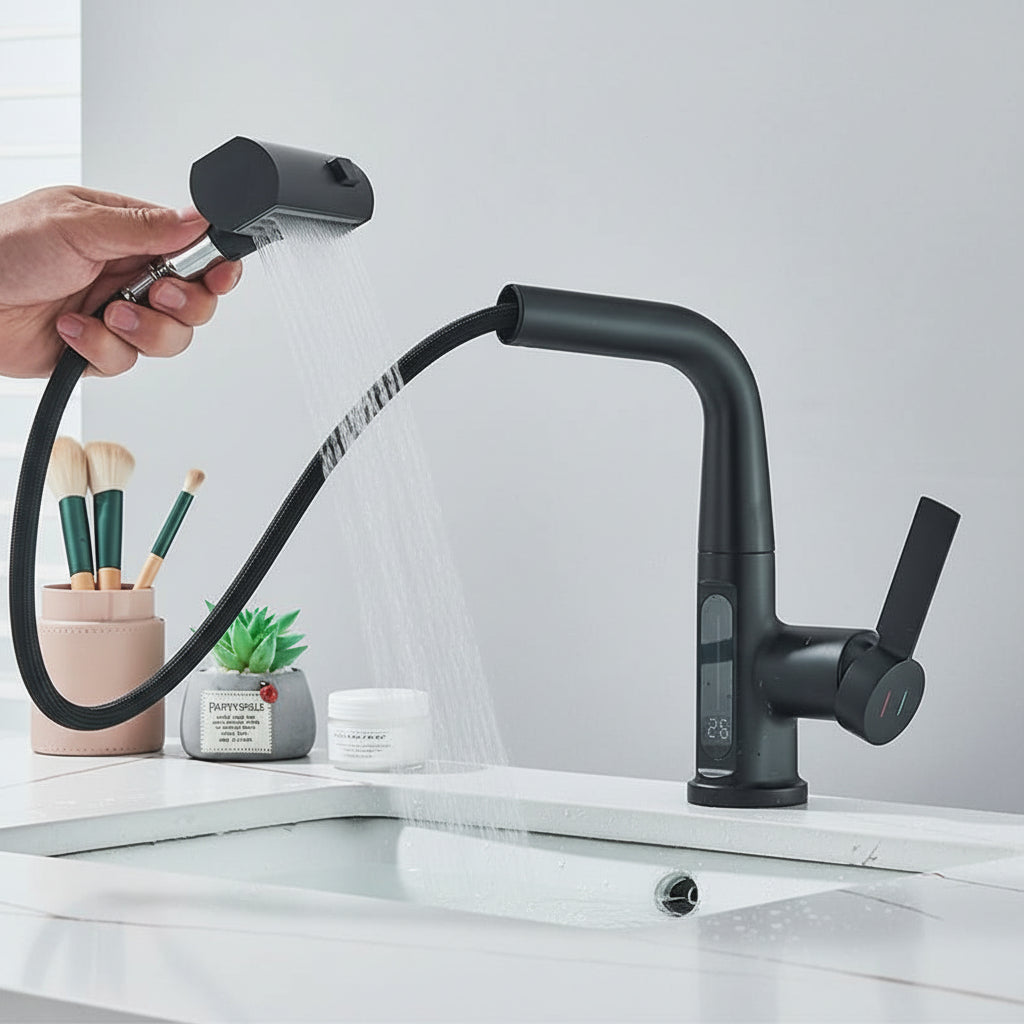 Digital basin faucet with temperature display – modern and drip-free