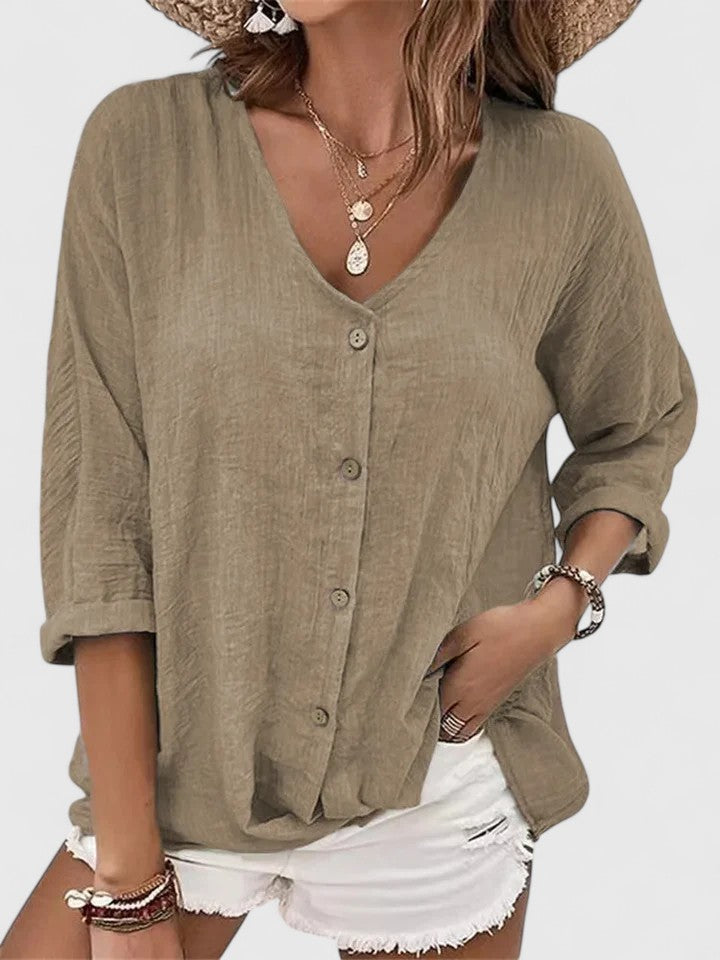 Relaxed Button-Front V-Neck Shirt
