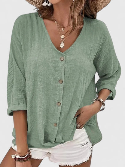 Relaxed Button-Front V-Neck Shirt