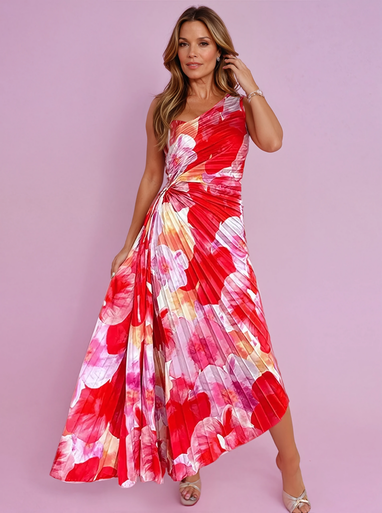 Asymmetric Pleated Maxi Dress