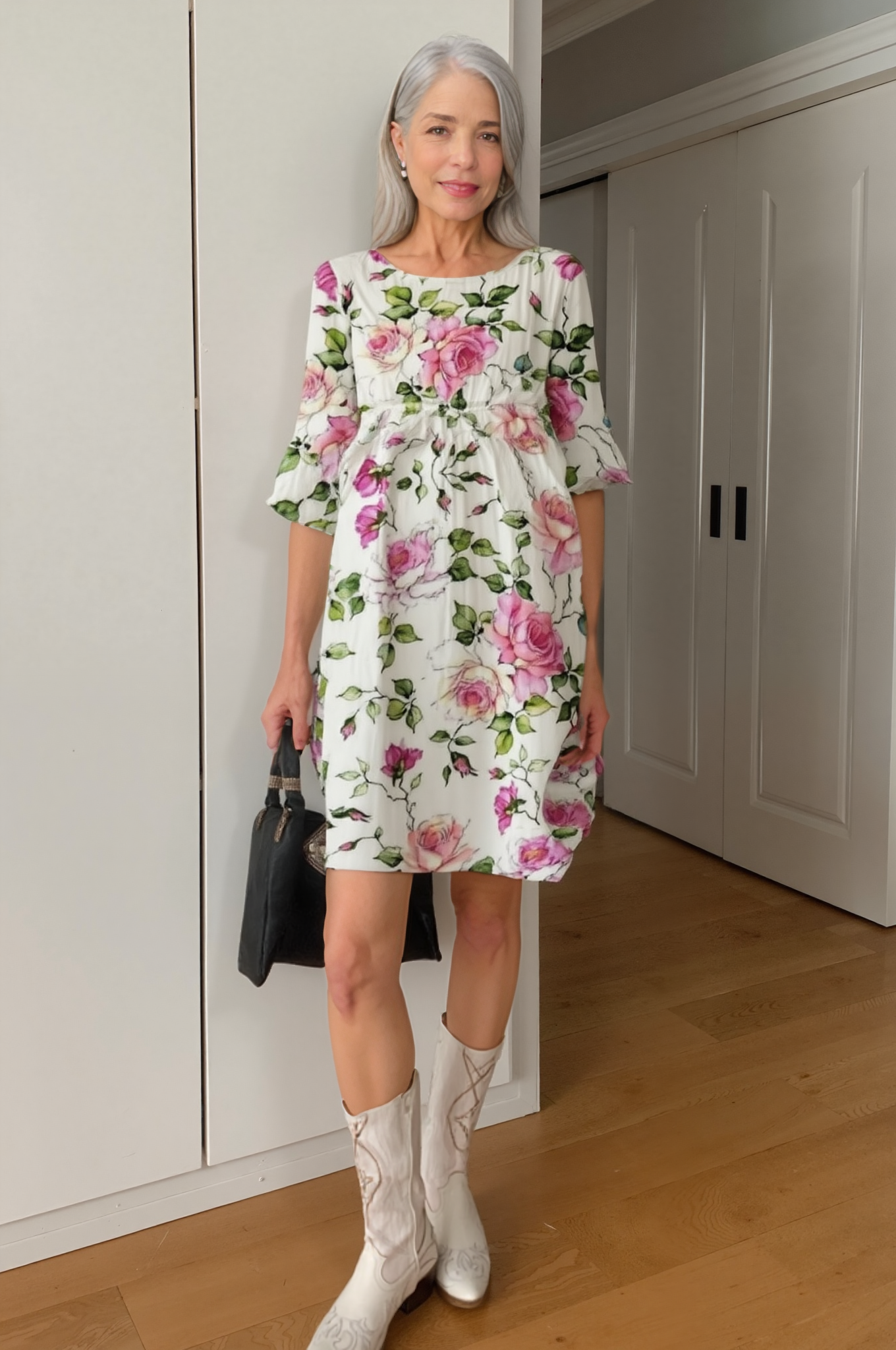 Women’s Floral Midi Dress with 3/4 Sleeves