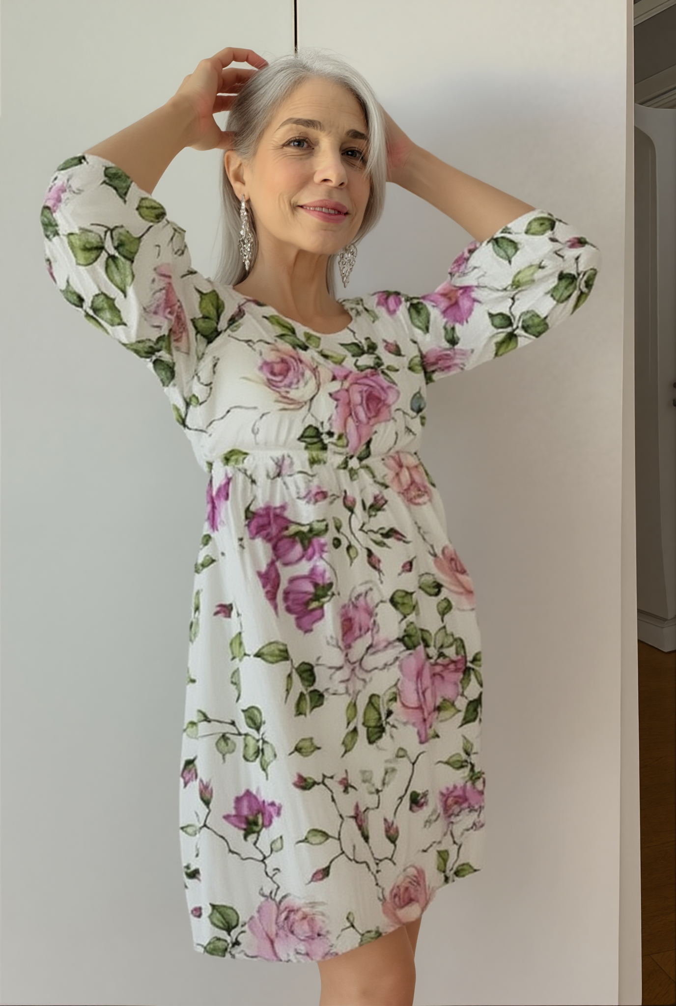 Women’s Floral Midi Dress with 3/4 Sleeves