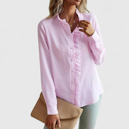 Women's Ruffled Stripe Button Shirt