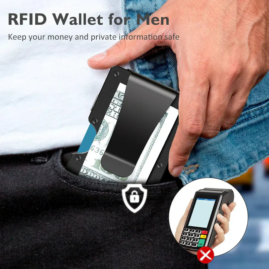 RFID Blocking Aluminum Card Holder with Money Clip – Slim Wallet for Up to 12