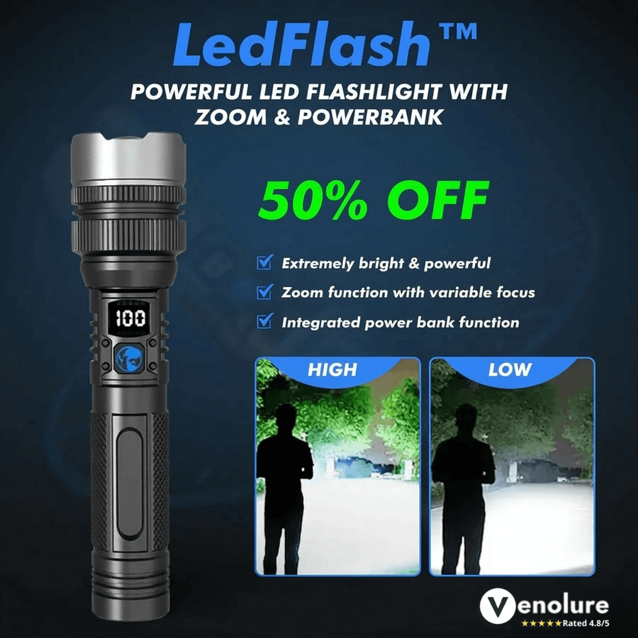 Rechargeable LED Flashlight with Adjustable Zoom & Power Bank Function