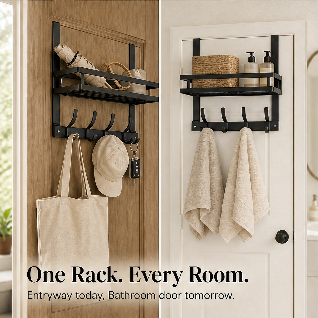 Over Door Storage Rack with Hooks and Basket – No Drilling Required