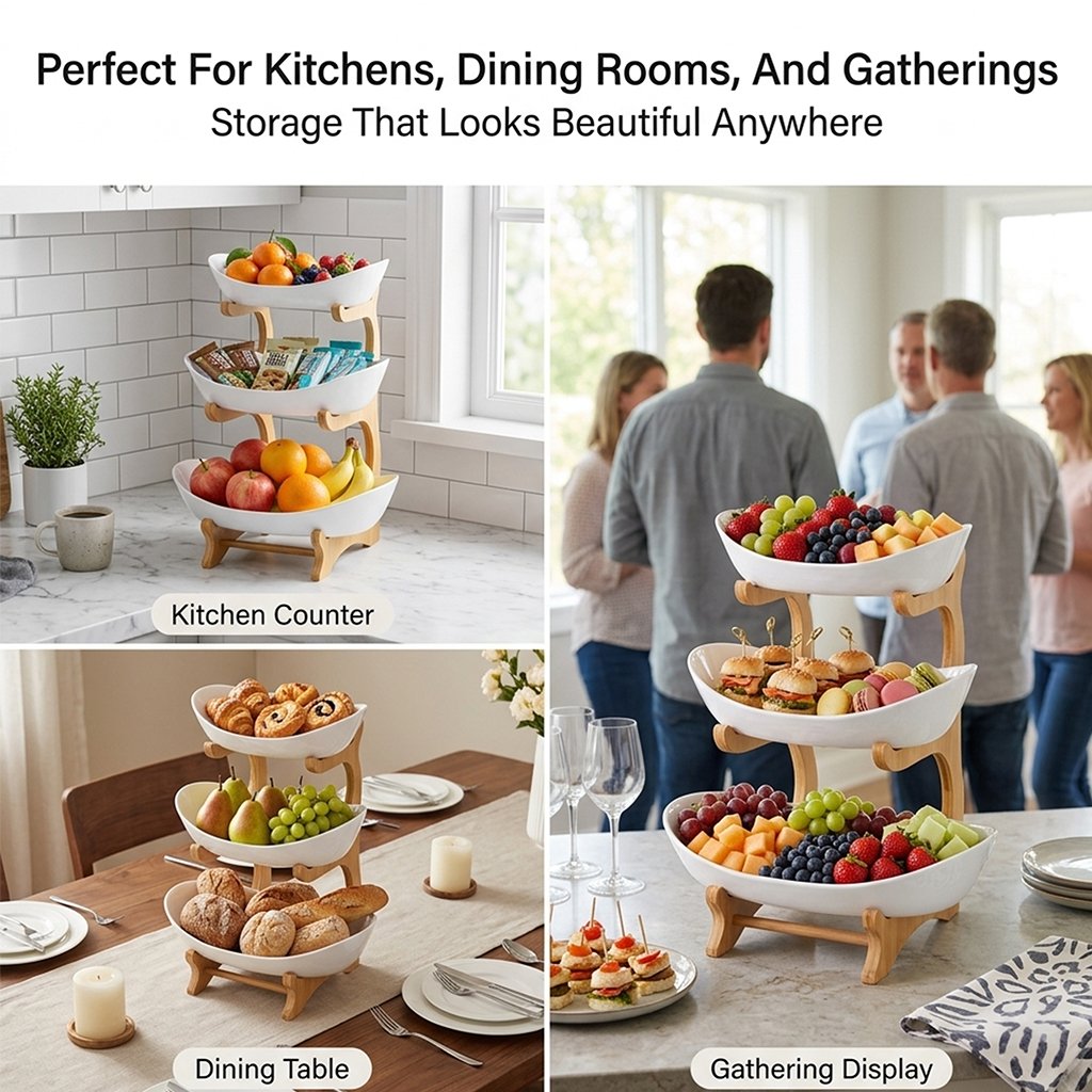 3-Tier Bamboo Fruit Bowl Stand with Oval Storage Surfaces