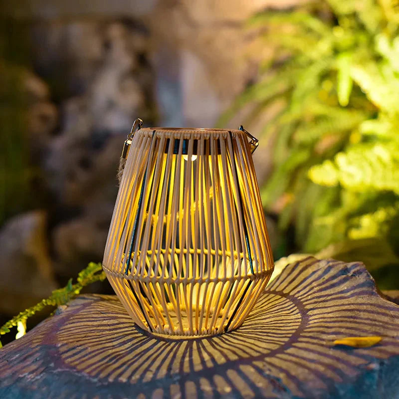 Solar Rattan Lantern with Dusk Sensor – Warm White Outdoor Light