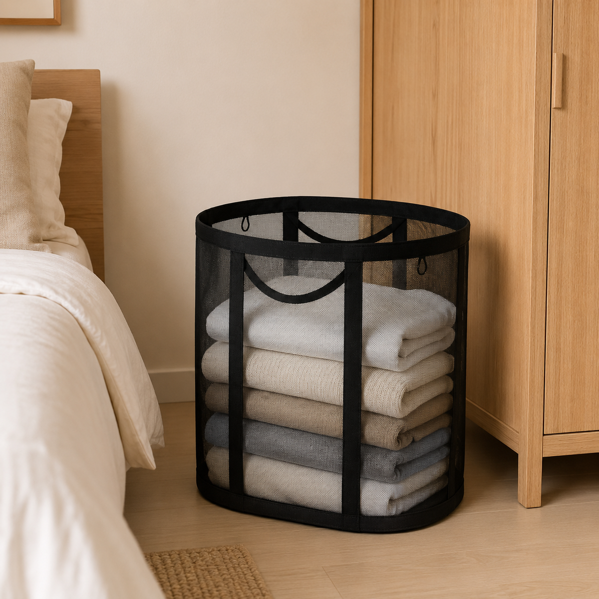 Foldable Laundry Basket Made of Nylon Mesh – Space-Saving and Ventilated