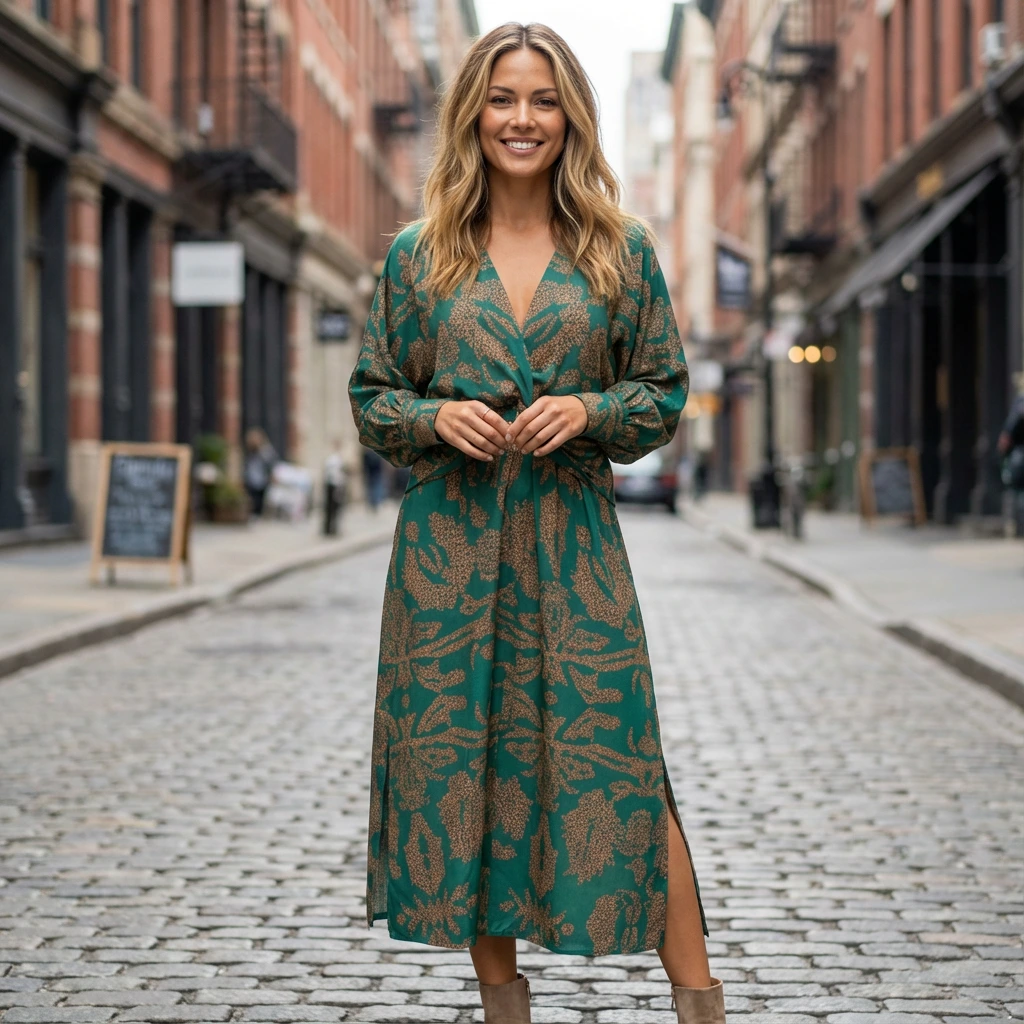 Twist-Front Printed Midi Dress for Everyday Wear