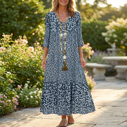 Relaxed Spring Printed V-Neck Midi Dress