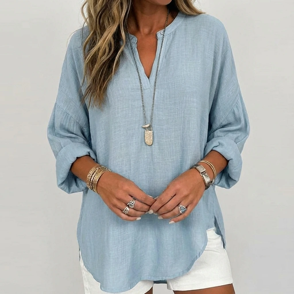 Relaxed Split-Neck Long Sleeve Top