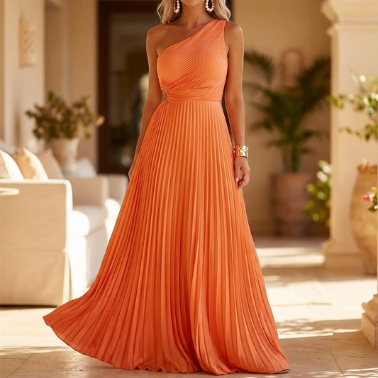 Pleated One-Shoulder Midi Dress