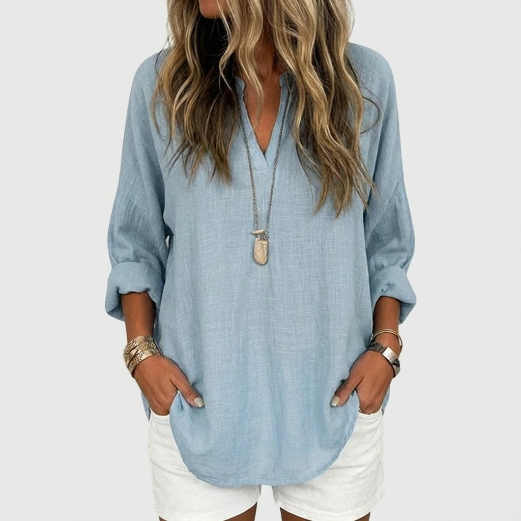 Relaxed Split-Neck Long Sleeve Top