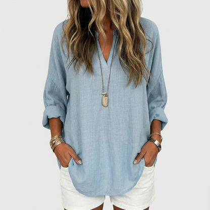 Relaxed Split-Neck Long Sleeve Top