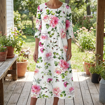 Women’s Floral Midi Dress with 3/4 Sleeves