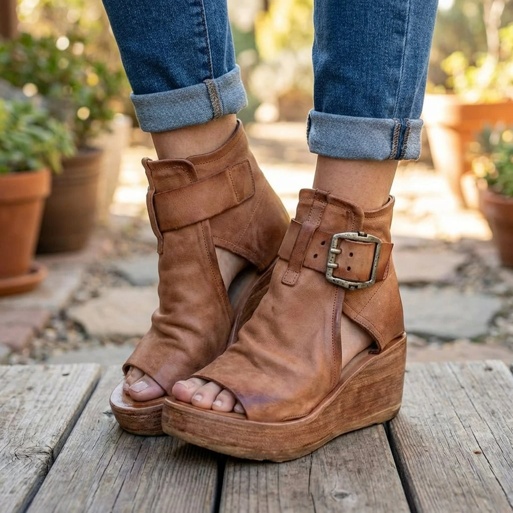 Women’s Open Toe Wedge Ankle Boots with Buckle