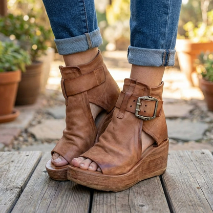 Women’s Open Toe Wedge Ankle Boots with Buckle
