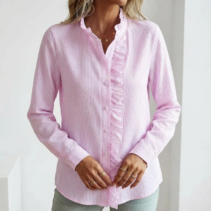 Women's Ruffled Stripe Button Shirt