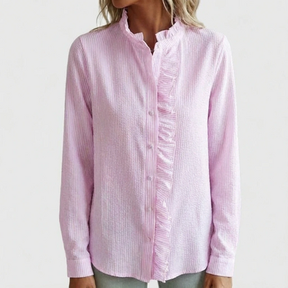 Women's Ruffled Stripe Button Shirt