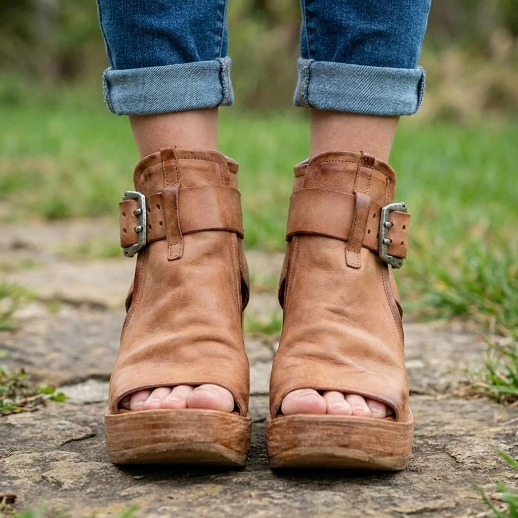 Women’s Open Toe Wedge Ankle Boots with Buckle