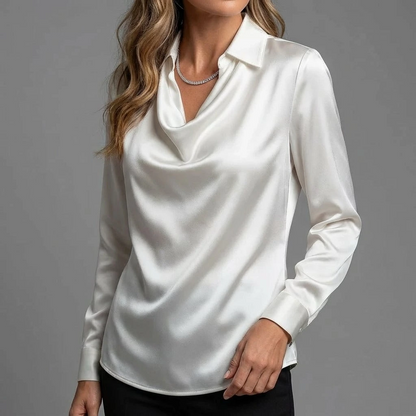 Women’s Draped Neck Long Sleeve Blouse with Satin-Like Finish