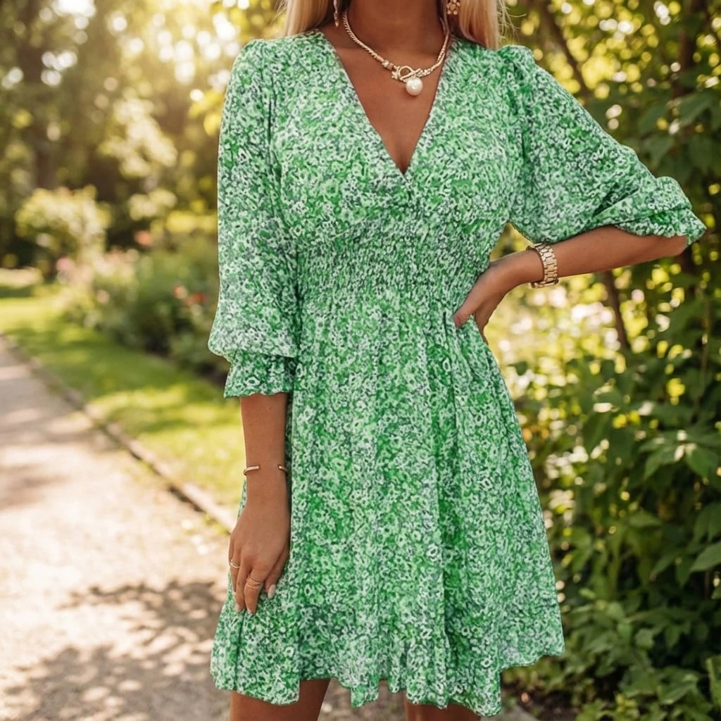 Women's Spring Smocked V-Neck Midi Dress