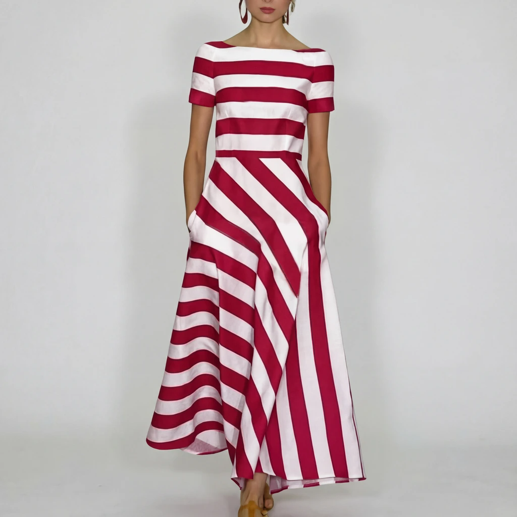 Women’s Striped Maxi Dress Short Sleeve