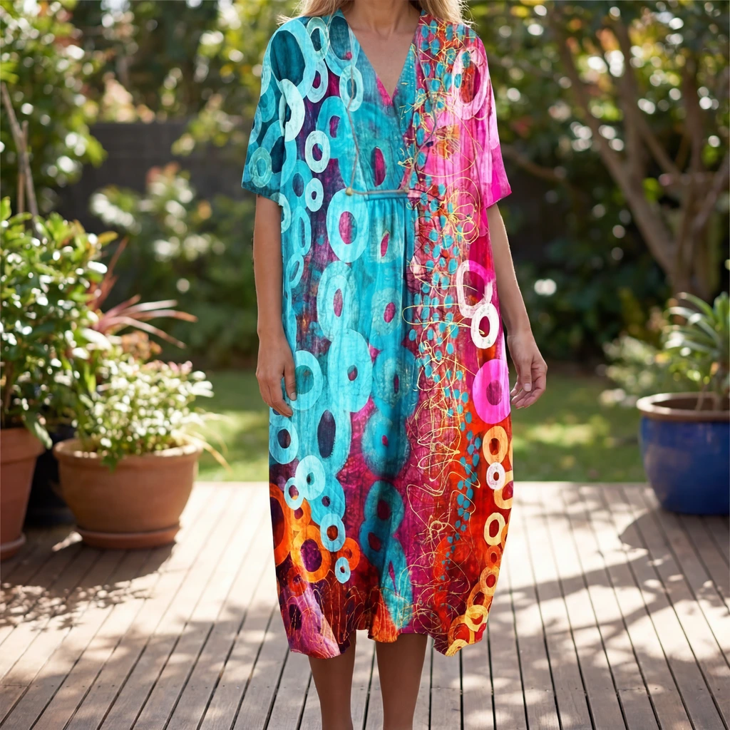 Women’s Printed V-Neck Midi Dress for Vacation
