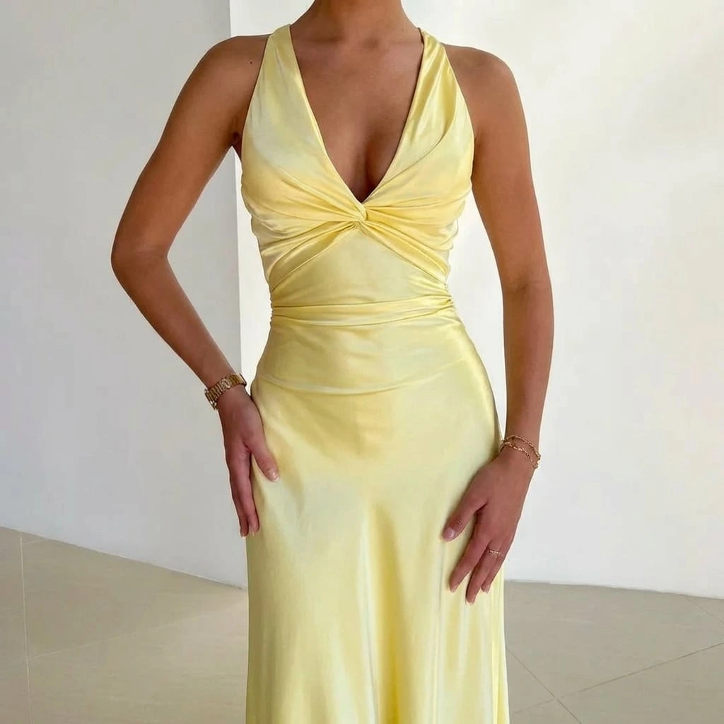 Twist-Front V-Neck Maxi Dress for Flattering Fit