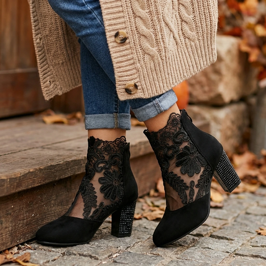 Women's Lace Panel Block Heel Ankle Orthopedic Boots