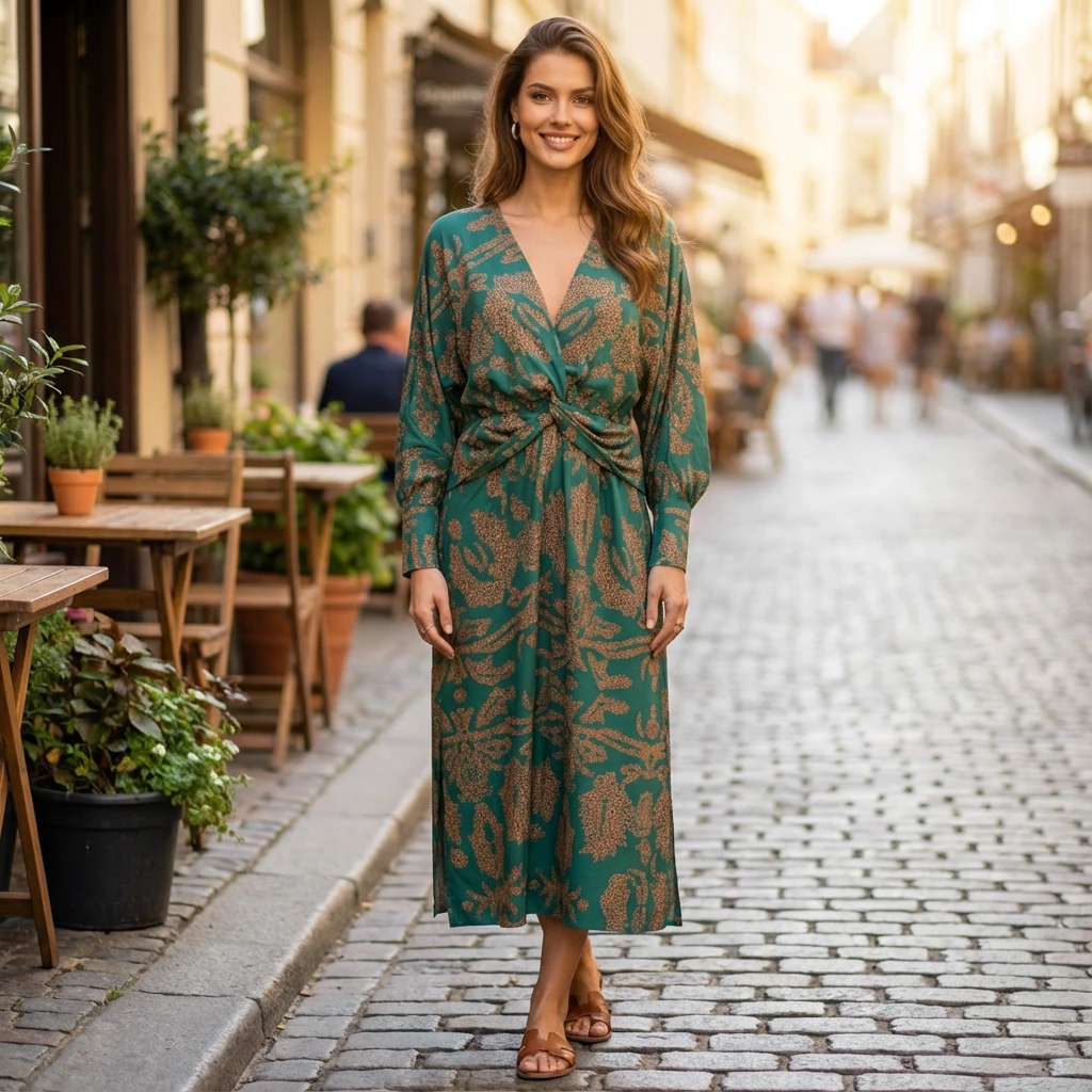 Twist-Front Printed Midi Dress for Everyday Wear