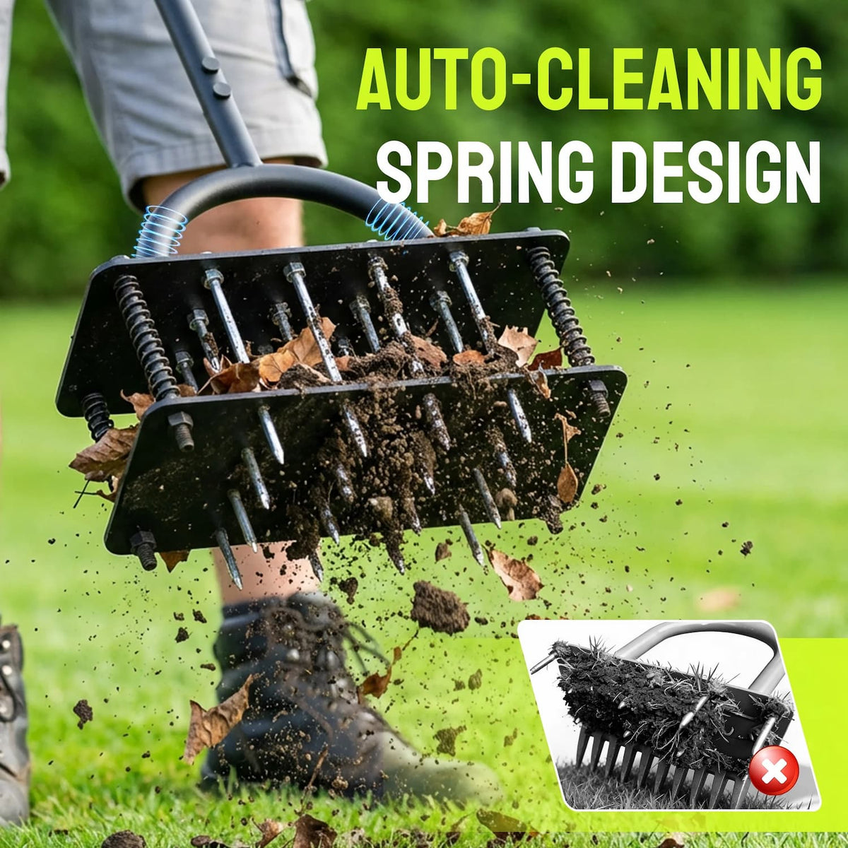 Manual Lawn Aerator with 15 Steel Spikes and Self-Cleaning System
