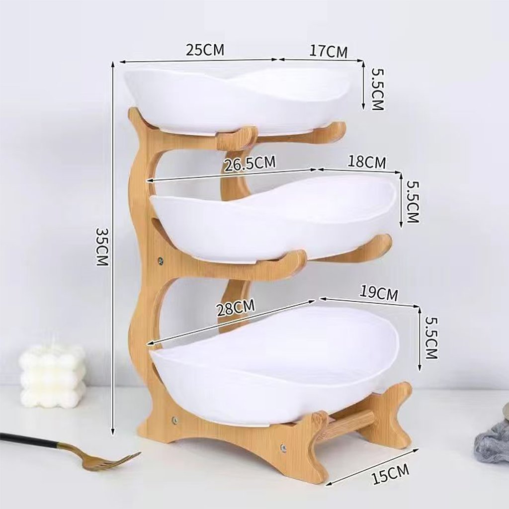 3-Tier Bamboo Fruit Bowl Stand with Oval Storage Surfaces