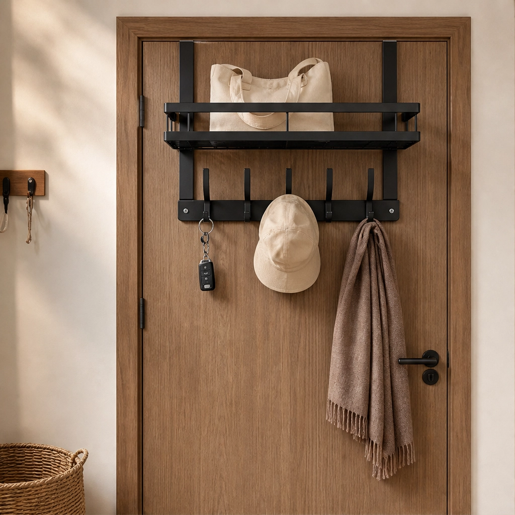 Over Door Storage Rack with Hooks and Basket – No Drilling Required
