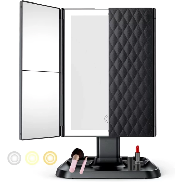 Foldable LED Makeup Mirror with 3 Panels and Adjustable Brightness