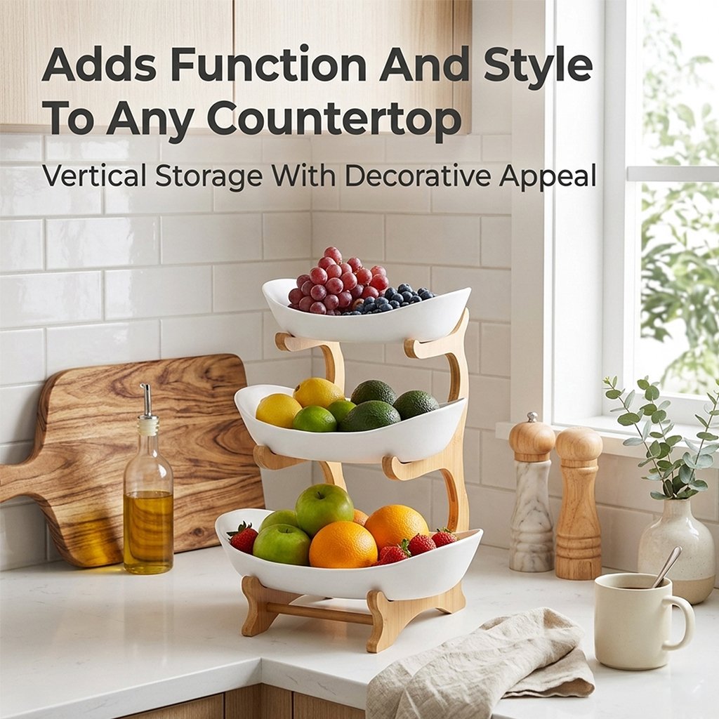 3-Tier Bamboo Fruit Bowl Stand with Oval Storage Surfaces