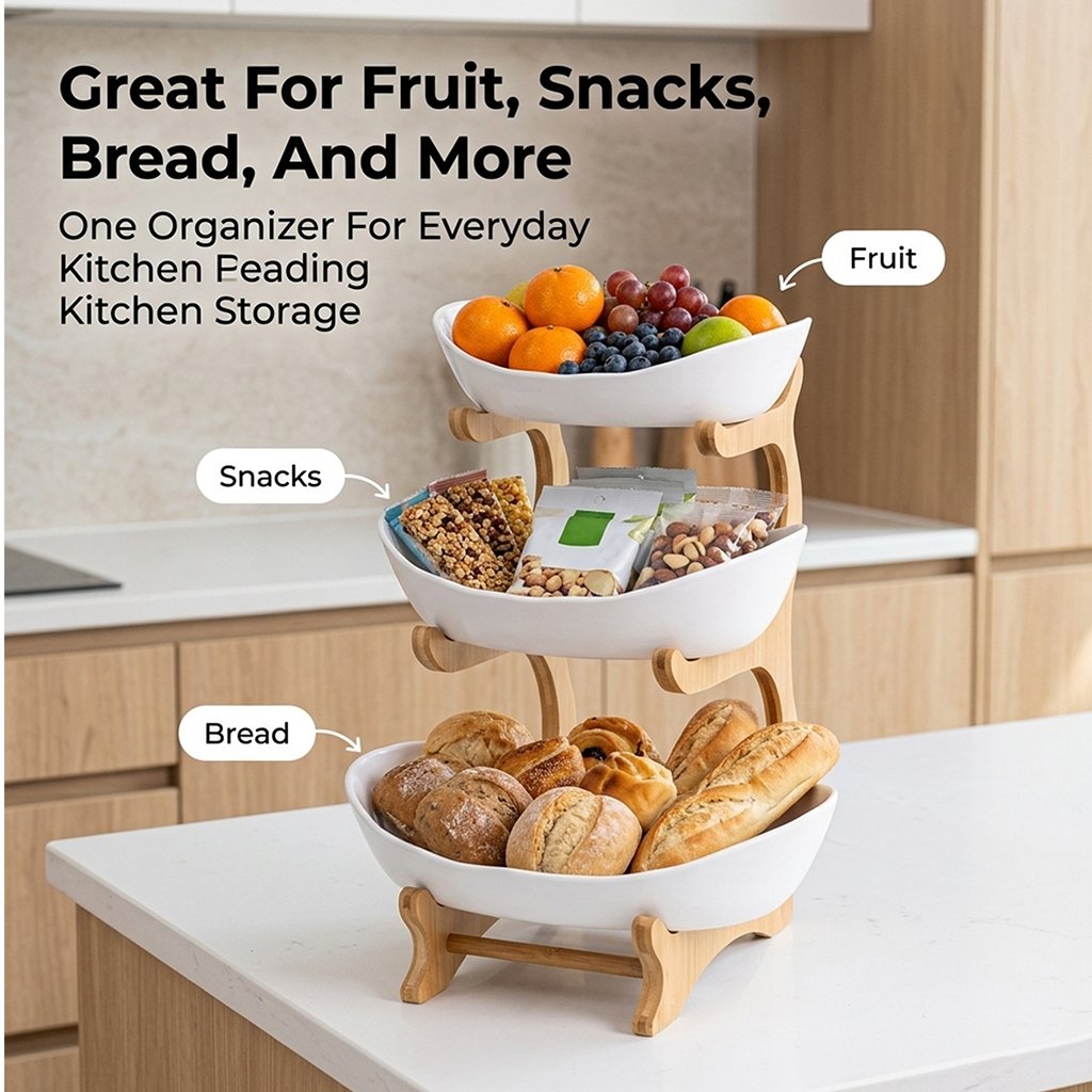 3-Tier Bamboo Fruit Bowl Stand with Oval Storage Surfaces