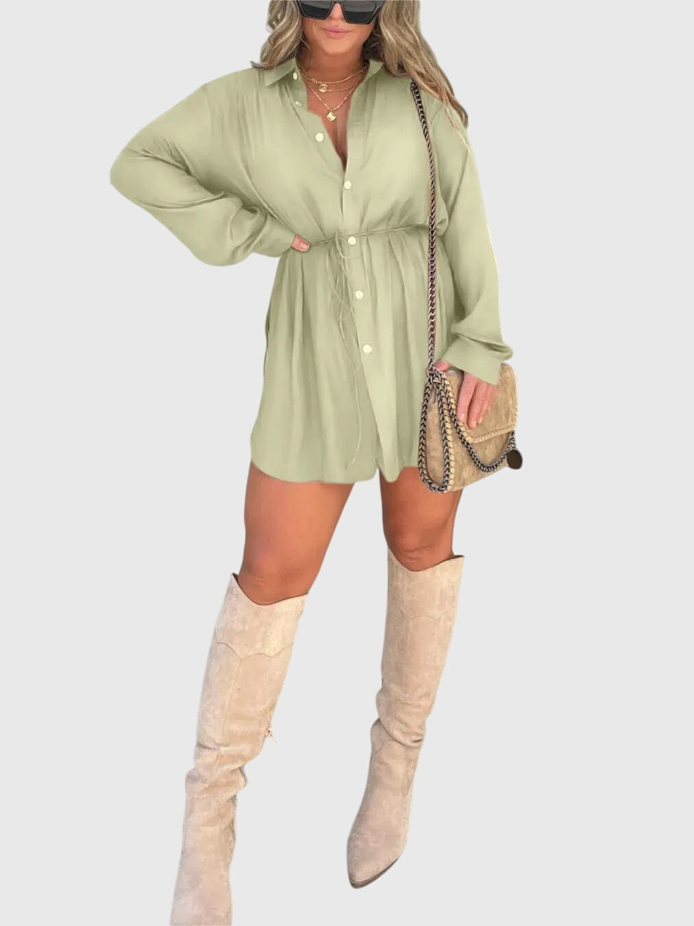 Women’s Button Front Long Sleeve Shirt Dress