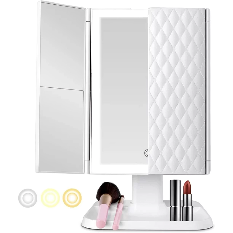 Foldable LED Makeup Mirror with 3 Panels and Adjustable Brightness