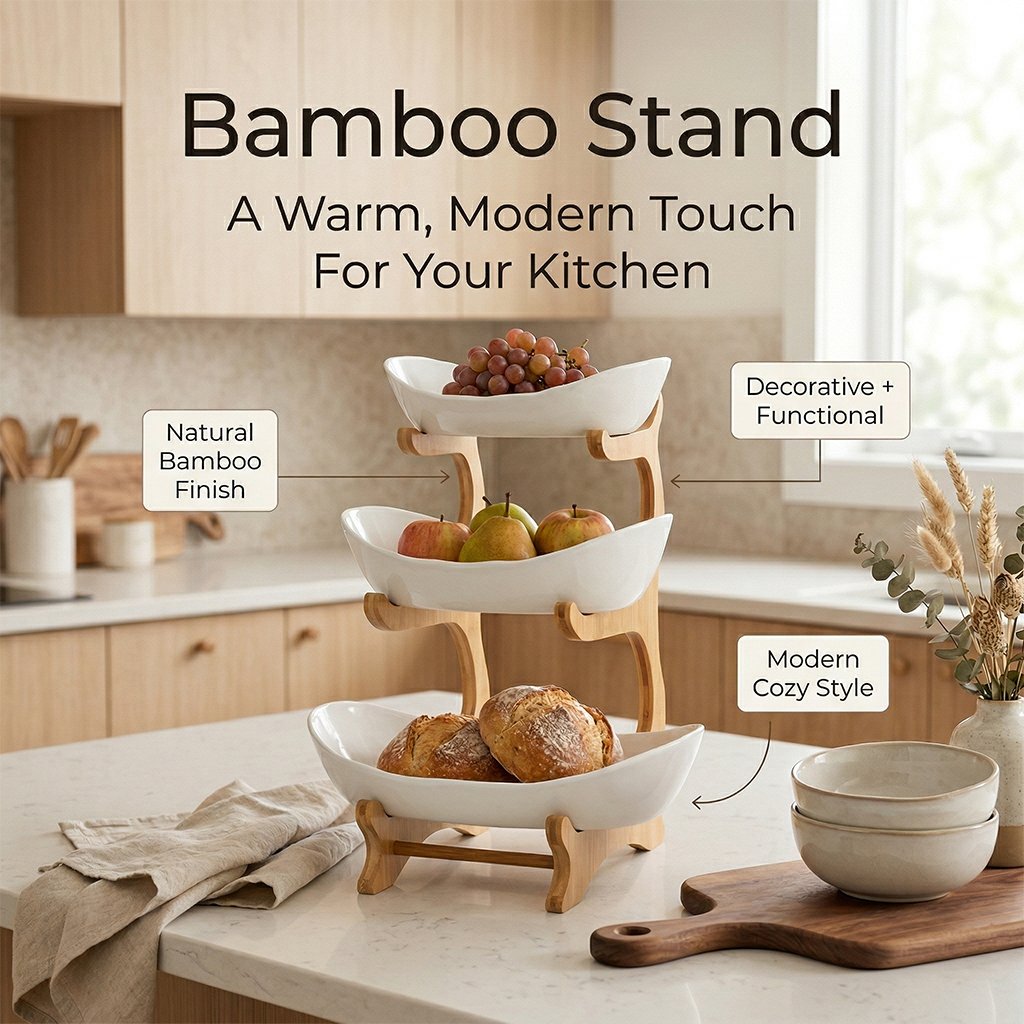 3-Tier Bamboo Fruit Bowl Stand with Oval Storage Surfaces
