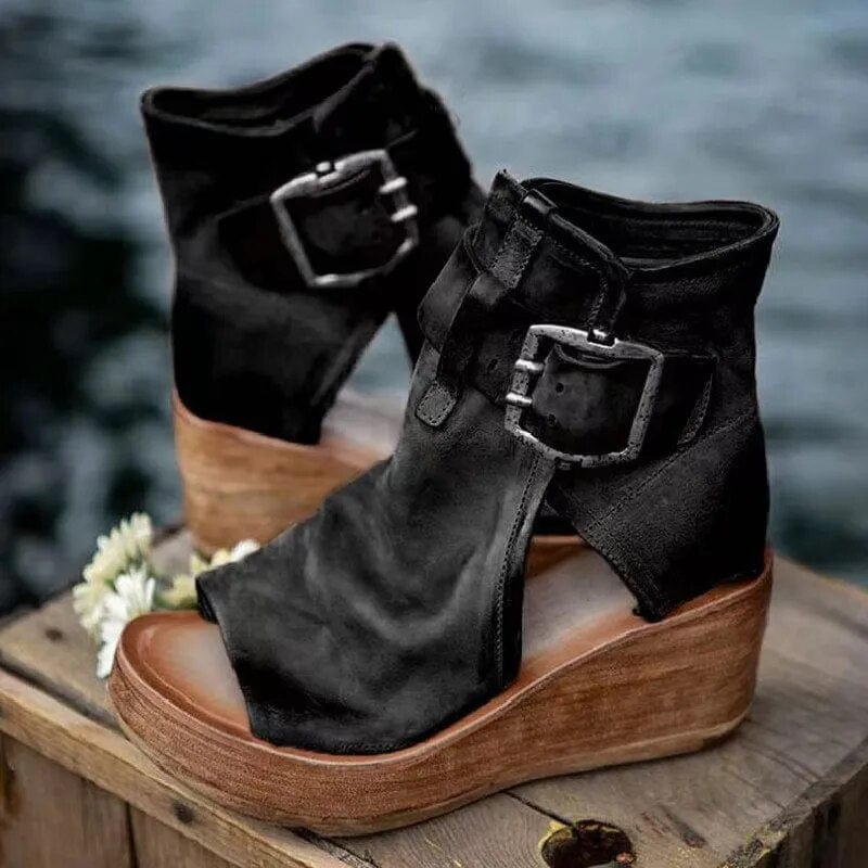 Women’s Open Toe Wedge Ankle Boots with Buckle