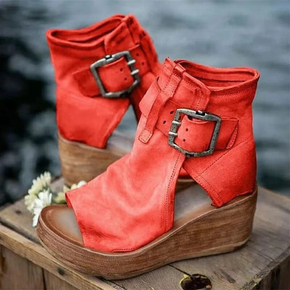 Women’s Open Toe Wedge Ankle Boots with Buckle