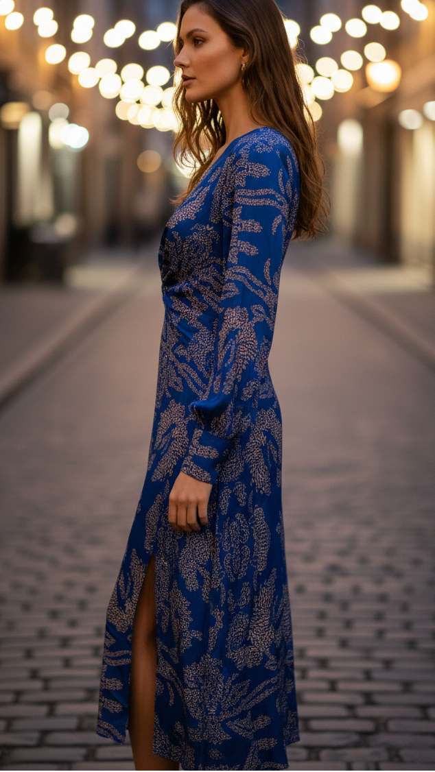 Twist-Front Printed Midi Dress for Everyday Wear