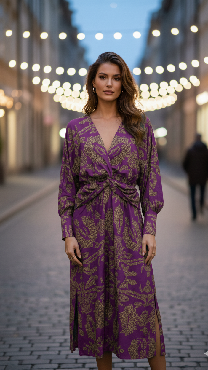 Twist-Front Printed Midi Dress for Everyday Wear